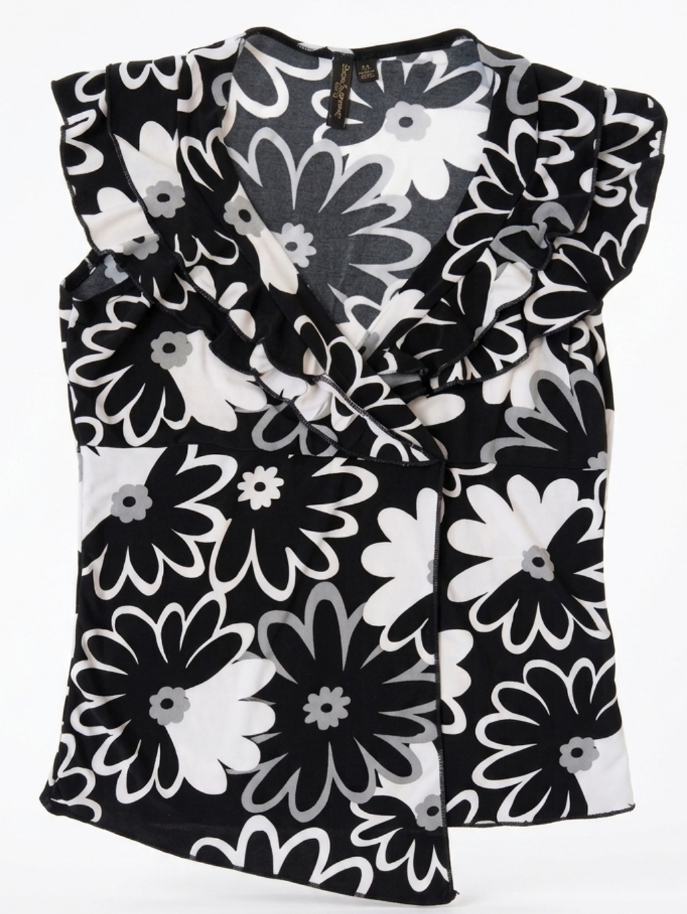 Susan Lawrence Y2K Black & White Floral Ruffle Romantic V-Neck Tank Top Size M